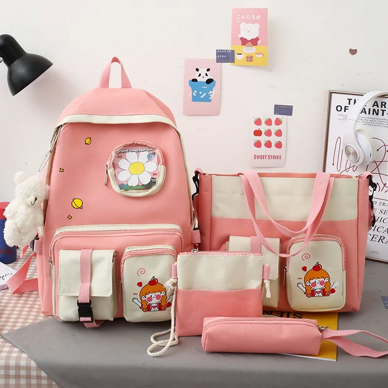 4 pcs sets canvas School Bags For Teenage Girls Female Children Shoulder Bags New Trend Female Backpack Fashion Women Backpack