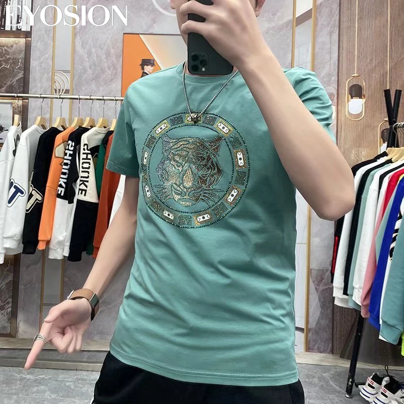 

Hip Hop Rhinestone T Shirt Men Tiger Print Streetwear Harajuku High Street Short Sleeve Cotton Tshirt Slim Fit Plus Size Summer