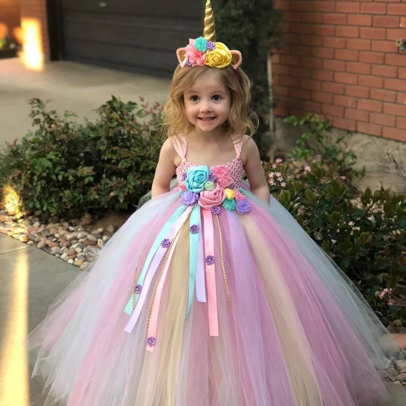 Girls Pastel Unicorn Flower Tutu Dress Kids Crochet Tulle Strap Ball Gown with Daisy Ribbons Children Party Costume |