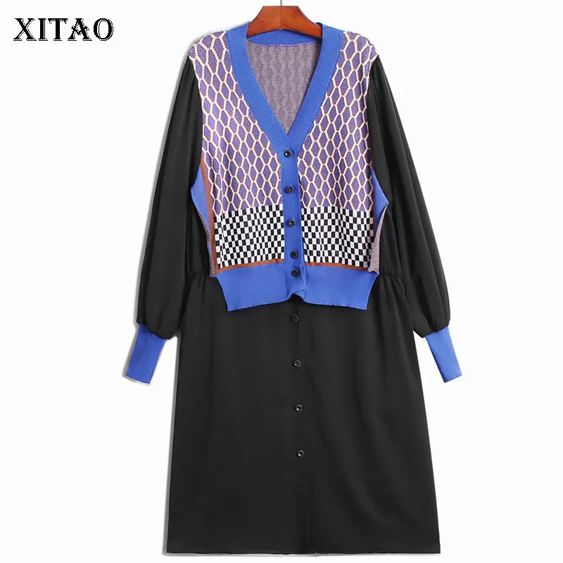

XITAO Knitting False Two Piece Dress Fashion Temperament Splicing Diamond Pattern Fashion V-neck Collar Single Breasted WMD4594