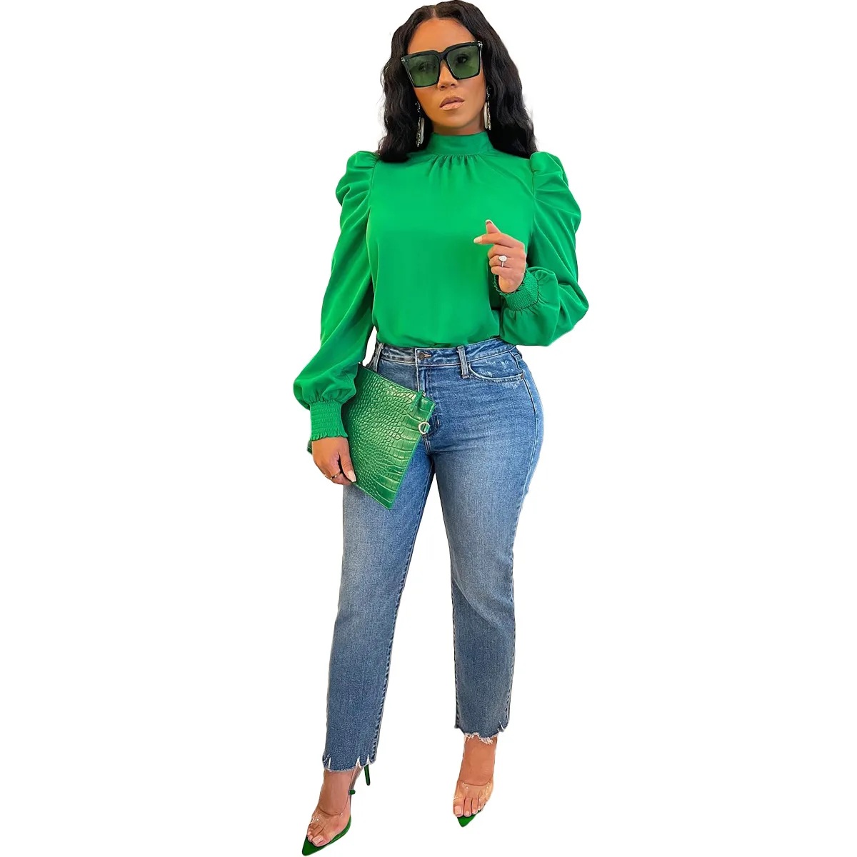

2023 New Green Shirts Blouses Women Solid Color Long Sleeve Stand Collar Bubble Sleeve Back Lace Up Top