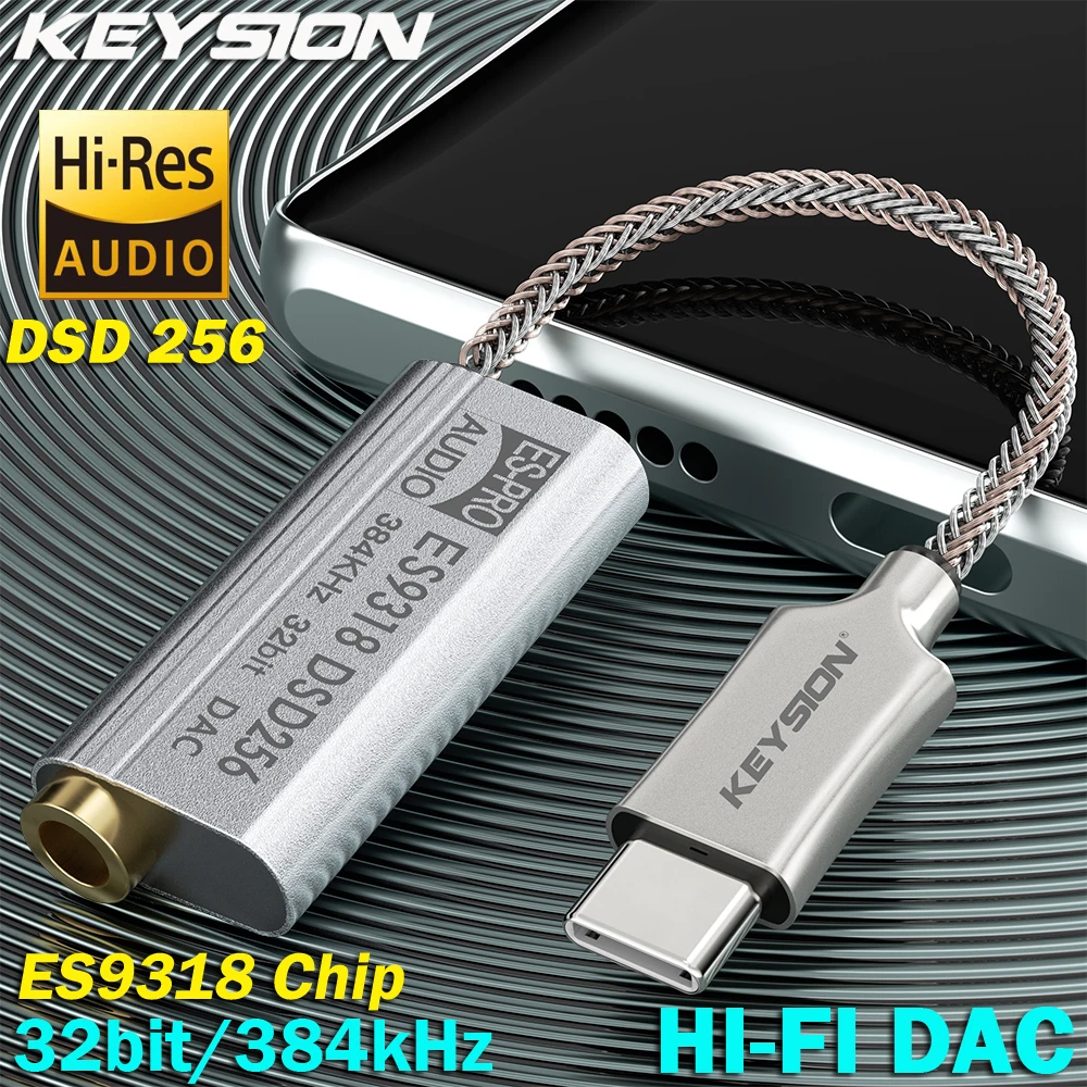 Усилитель для наушников KEYSION ES9318 DSD256, Hi-Fi, DAC, USB Тип C на разъем для наушников 3,5 мм, аудиоадаптер, 32 бит, 384 кГц, цифровой декодер