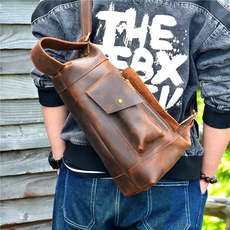 Retro fashion handmade designer Crazy horse cowhide teen bucket bag outdoor casual high quality men's multi-pocket crossbody bag