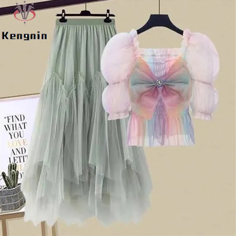 Женские комплекты из двух предметов шифоновая юбка с пышными рукавами и сетчатая