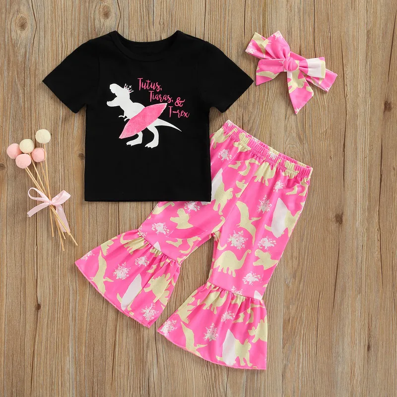 

Комплект одежды для маленьких девочек, футболка с коротким рукавом и принтом букв динозавров, расклешенные брюки с повязкой на голову