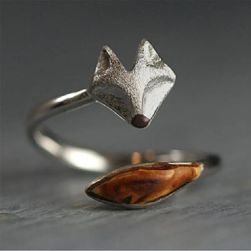 

Delicate Fox and Wood Grain Tail Adjustable Wrap Ring Aestethic Jewelry Gifts for Her