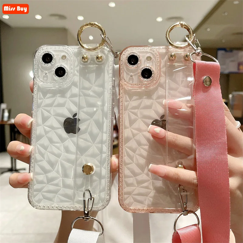 

Diamond Glitter Wrist Strap Soft Transparent Lanyard Crossbody Case For Xiaomi Redmi Note 10 11 POCO M3 M4 Pro X4 NFC F3 X3 GT5G
