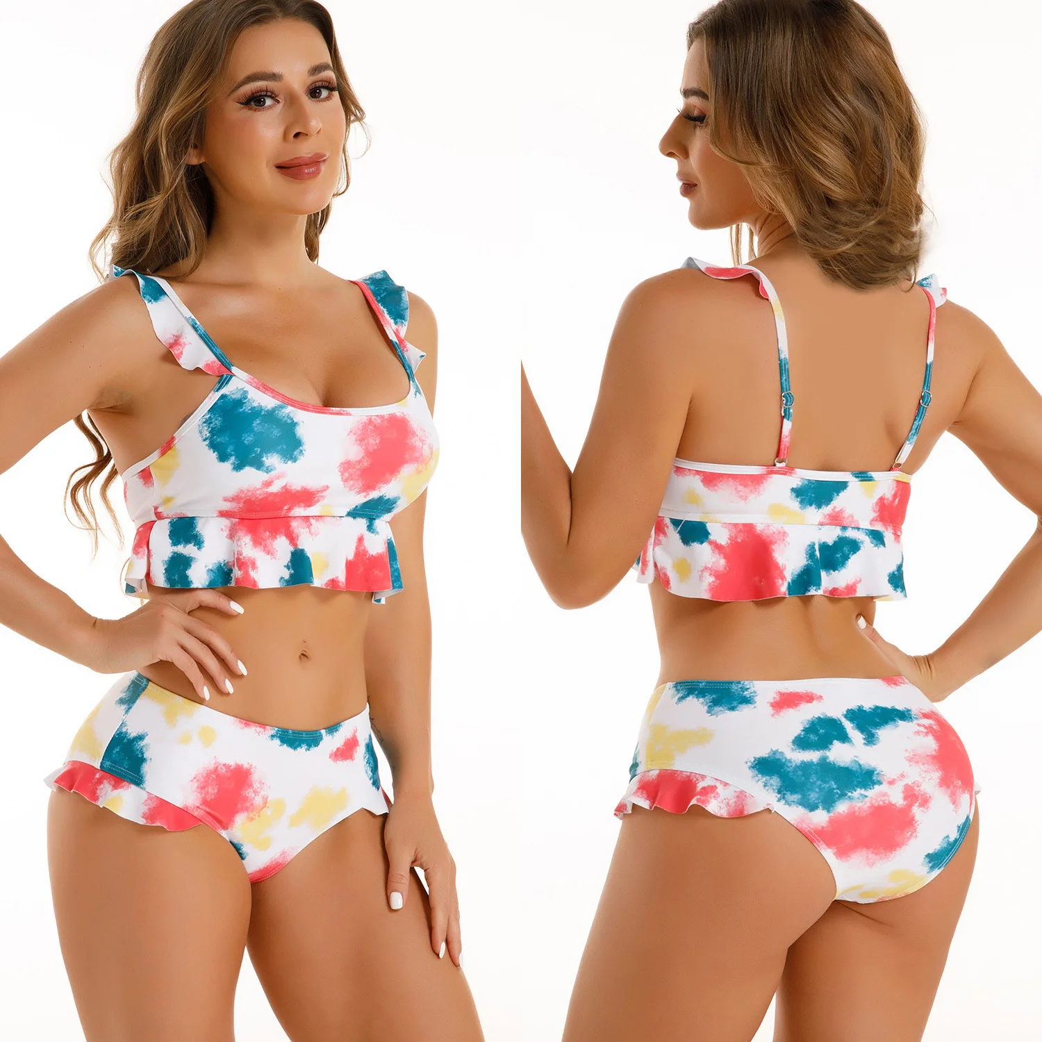

2022 swimsuit women's split tie dyed Ruffle printed bikini conservative swimsuit
