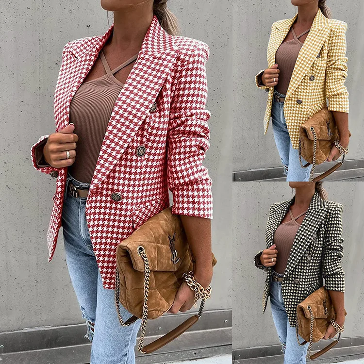 2023 Spring and Autumn New Plaid Printing Casual Jacket Slim Commuting Small Suit Blazer Women