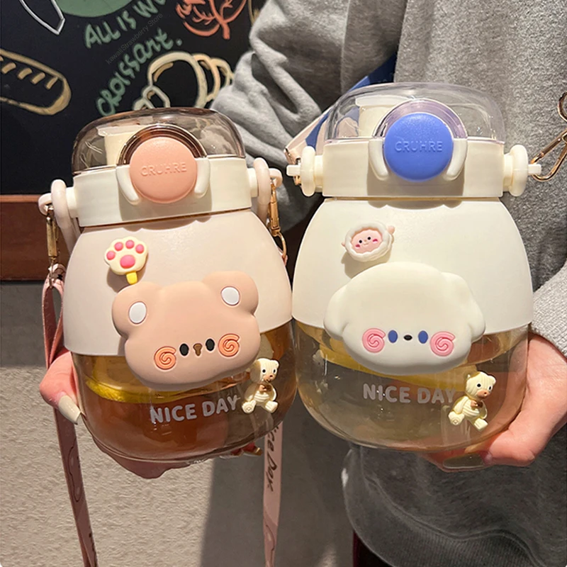 

Kawaii Boba Tea Water Bottle For Kids Girls BPA Free Cute Plastic Coffee Milk Big Drinking Bottle With Straw Strap 3D Sticker