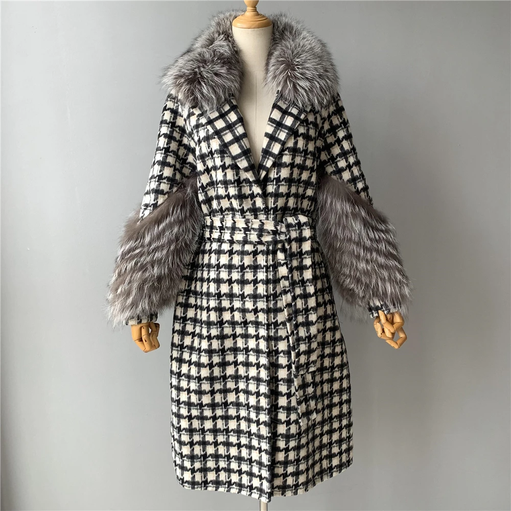 

2021 Women Wool Coat Autumn Winter Casual Belt Cashmere Coat Real Fox Fur Collar New Styel Femal Long Outwear