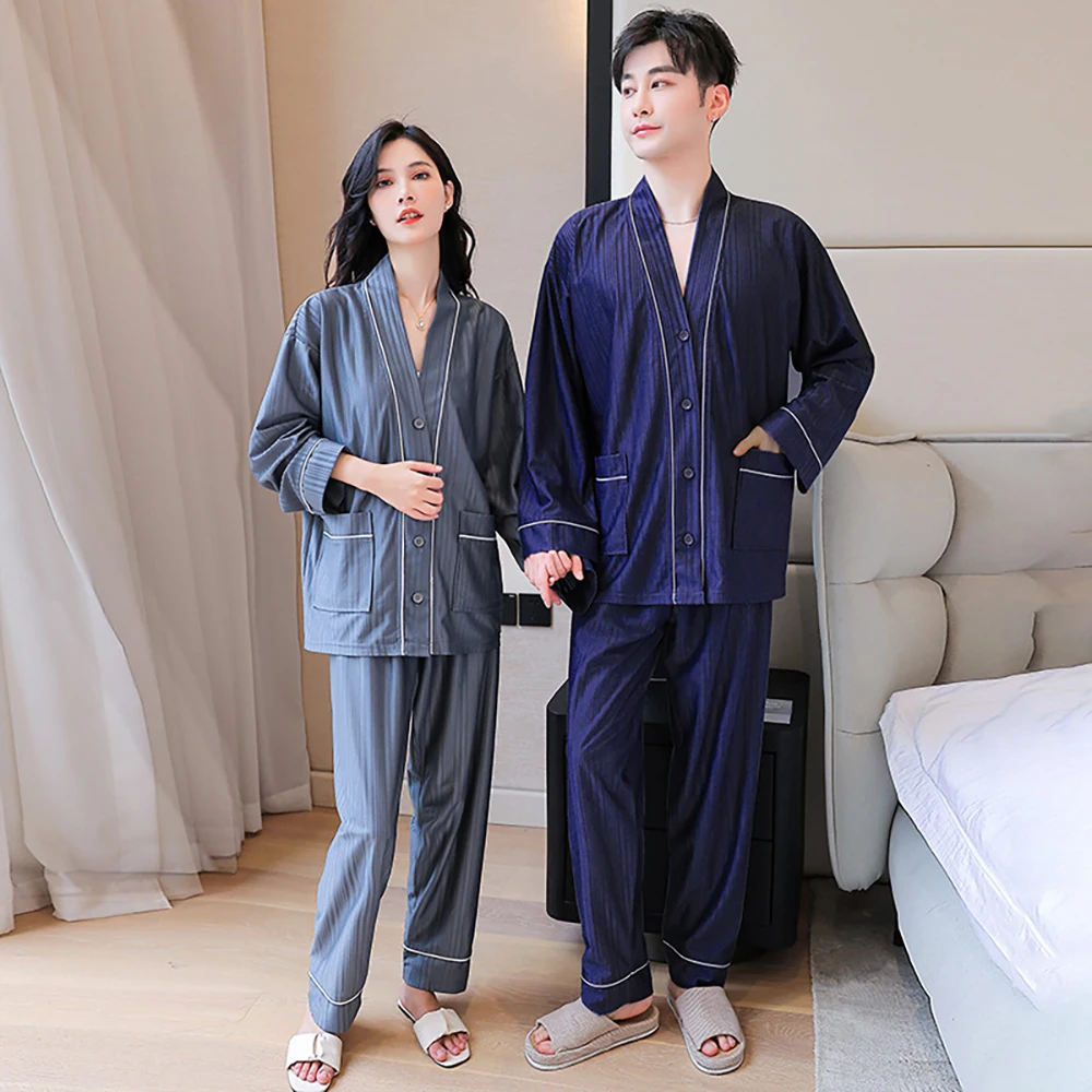 Spring Summer Ice Silk Pajamas For Couples Man Casual Loose Long Sleeve Buttons Pijama Breathable Comfortable Women's Sleepwear