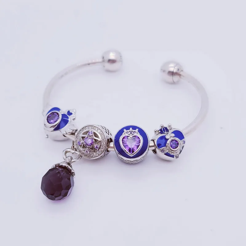 

Аниме Сейлор Мун из серебра 925 пробы, фиолетовая кристальная звезда, компактная Серебряная бусина-Шарм из кристалла, подходит для браслета ...