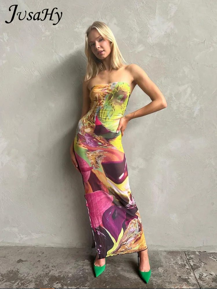 

JusaHy Women New Y2K Colorful Artistic Printed Beach Holiday Chiffon Chest Wrapping Skinny Dress Sexy Back Bandage Chic Dress