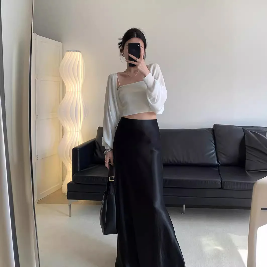 Атласная длинная юбка с завышенной талией для женщин новинка 2024 летняя Стильная