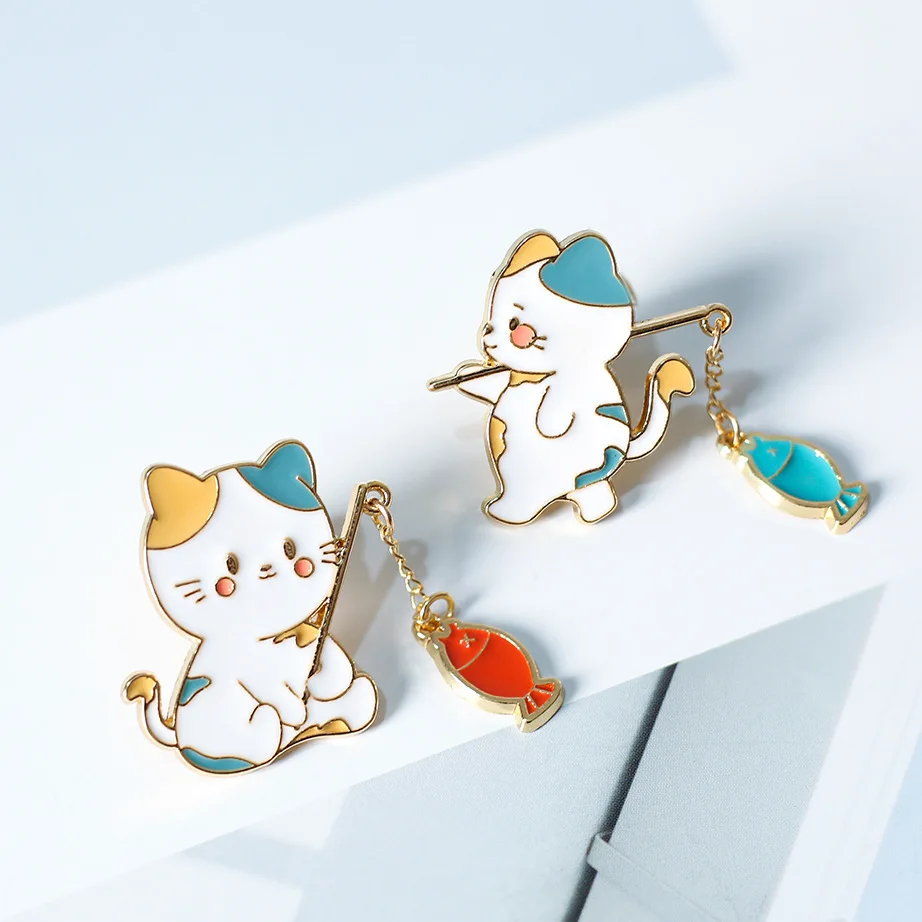 

New Fashion Creative Cat Fishing Design Metal Enamel Brooch Cartoon Cute Animal Badge Pin Best Friend Gift Jewelry Accessories