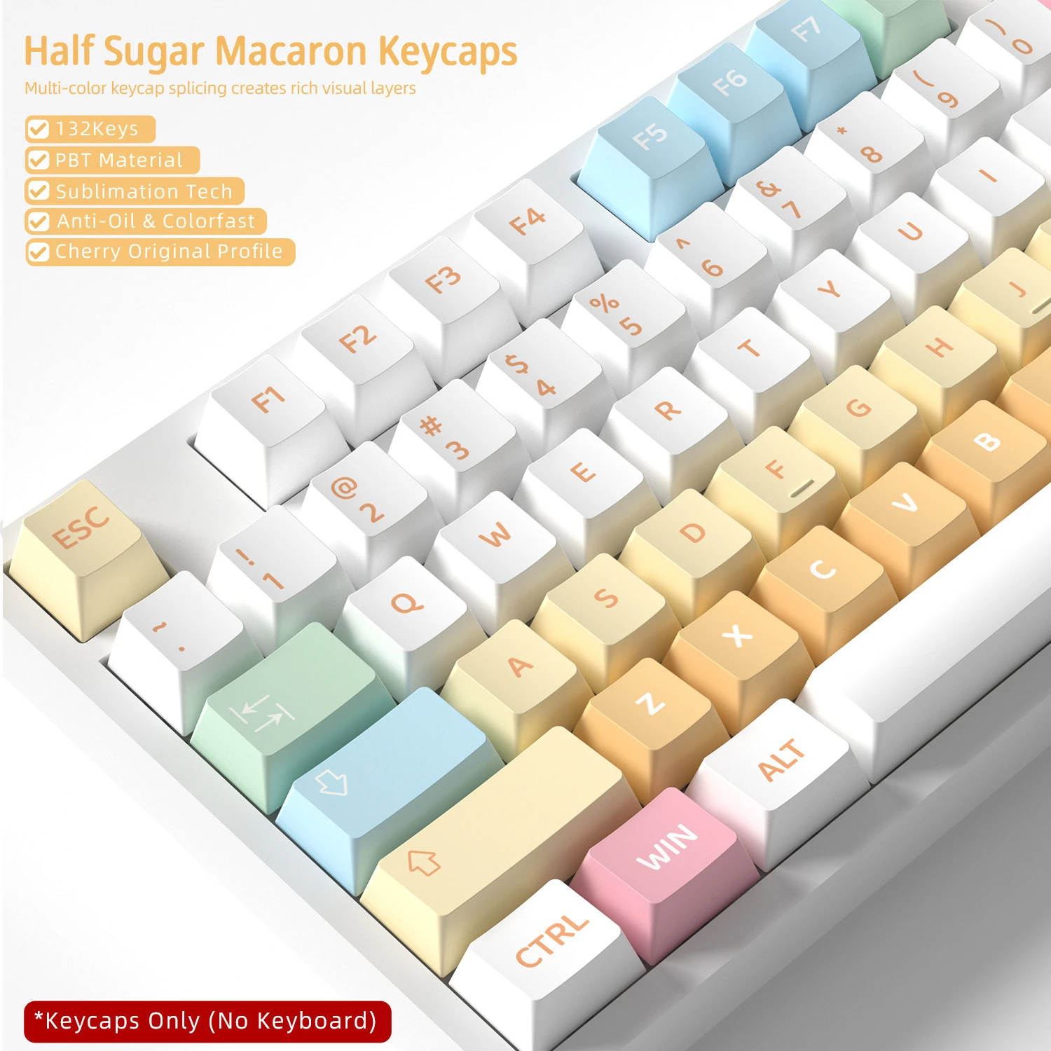 Фото Колпачки для клавиш Half Sugar Macaron, 132 клавиши, материал PBT, профиль Cherry, DYE-SUB, для механических клавиатур с переключателями MX, раскладка ISO ANSI №2
