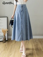 qooth spring summer high waist mid length denim skirts women elegant big swing casual long skirt qt1708