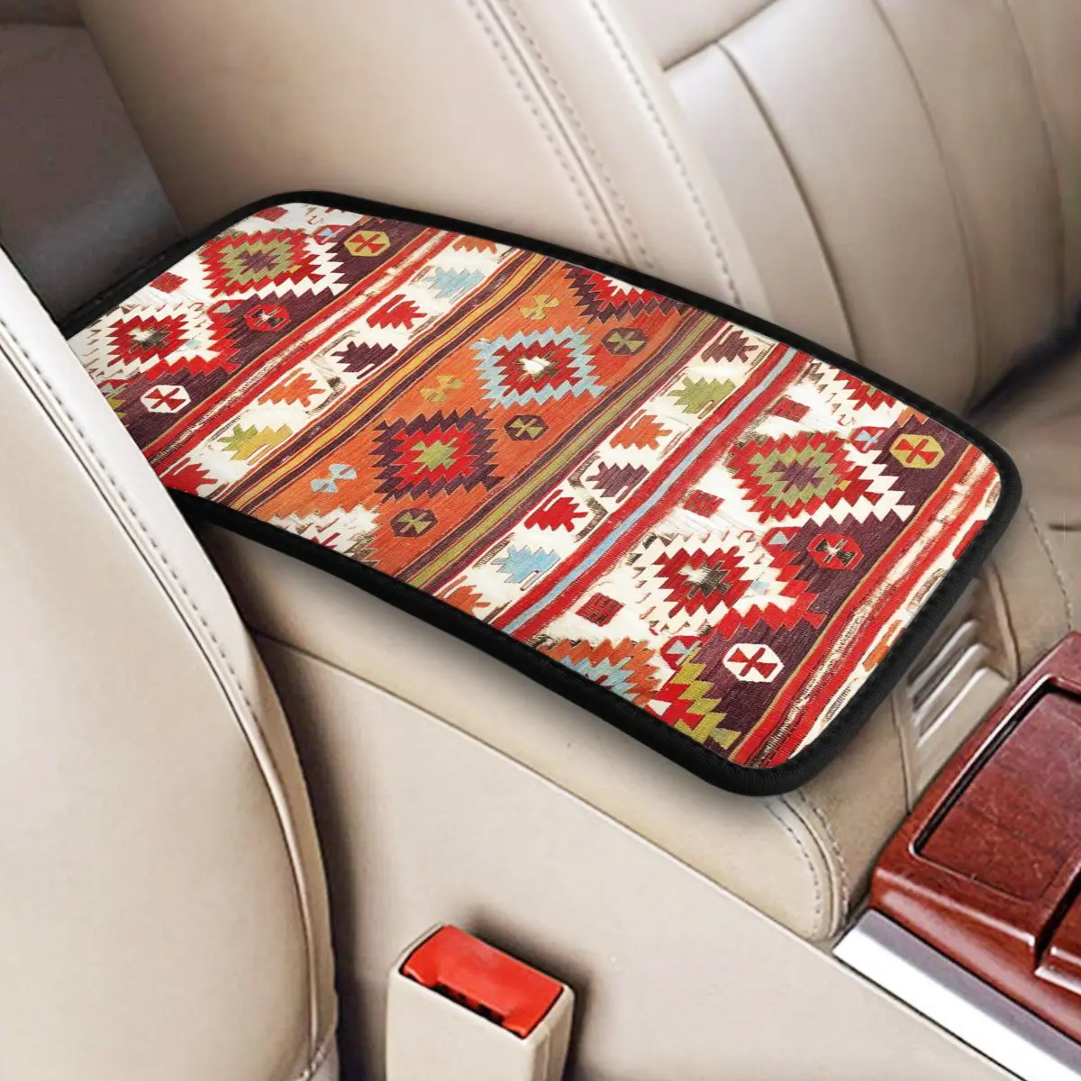 

Konya Central Anatolian Kilim Print Armrest Cover Mat Retro African Ethnic Boho Tribal Center Console Cover Pad Car Accessories