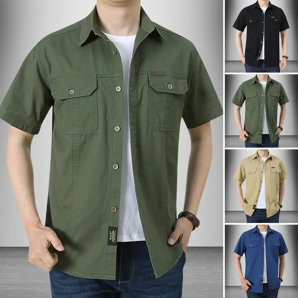 

Men Shirt Solid Color Lapel Single-breasted Casual Cargo Shirt for Daily Wear