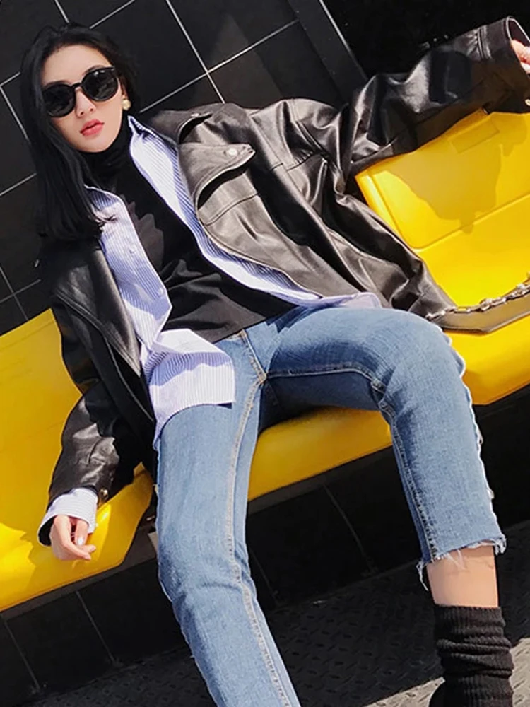 Sungtin Women Loose Pu Leather Jacket Black Soft Faux Leather Jacket Street Moto Biker Leather Coat Jacket Lady Casual Outerwear