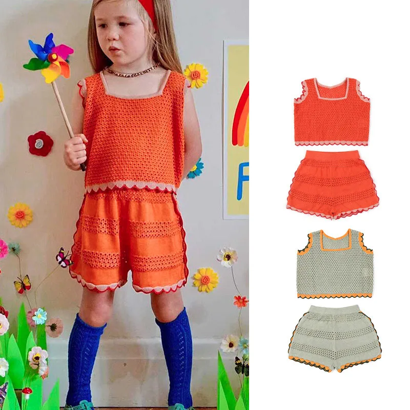 

Children's Suits 2022 Summer Fashion New Baby Girls Ins Pastoral Cute Wind Thin Knitted Vest Shorts Two-Piece Set