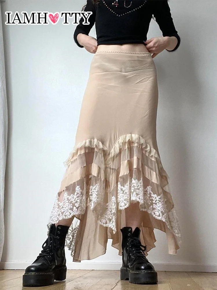 

IAMHOTTY кружевная длинная юбка с оборками, Сказочная Женская Кокетка 2K, эстетичные юбки макси с высокой талией, юбка русалки, винтажная шикарна...