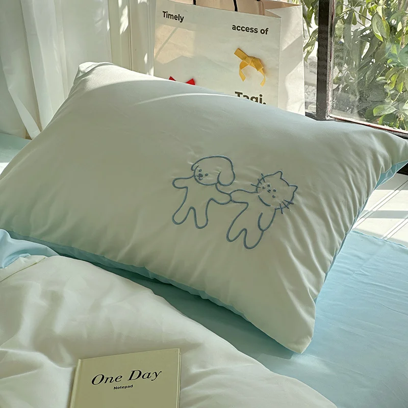 INS Embroidery Solid Washed Cotton Four-Piece Set Cartoon Sle Simple Student Dormitory Three-Piece Bedding