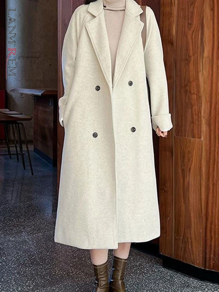 

Женское длинное шерстяное пальто LANMREM, модное двубортное пальто с отложным воротником и поясом в Корейском стиле, новинка зимы 2023, 2AA2992