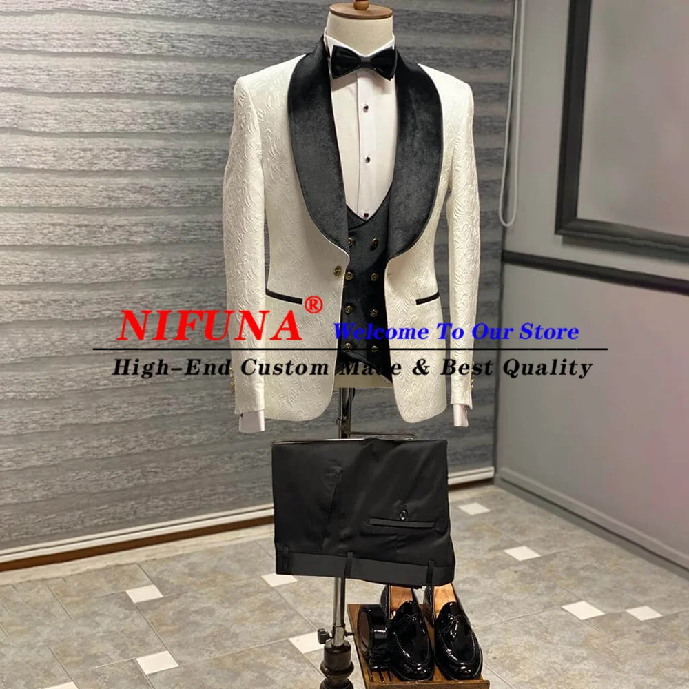 

2023 Wedding Suits for Men Ivory Jacquard Groom Tuxedo 3 Piece Set for Party Prom Tailor-Made Slim Fit Male Suit Costume Homme