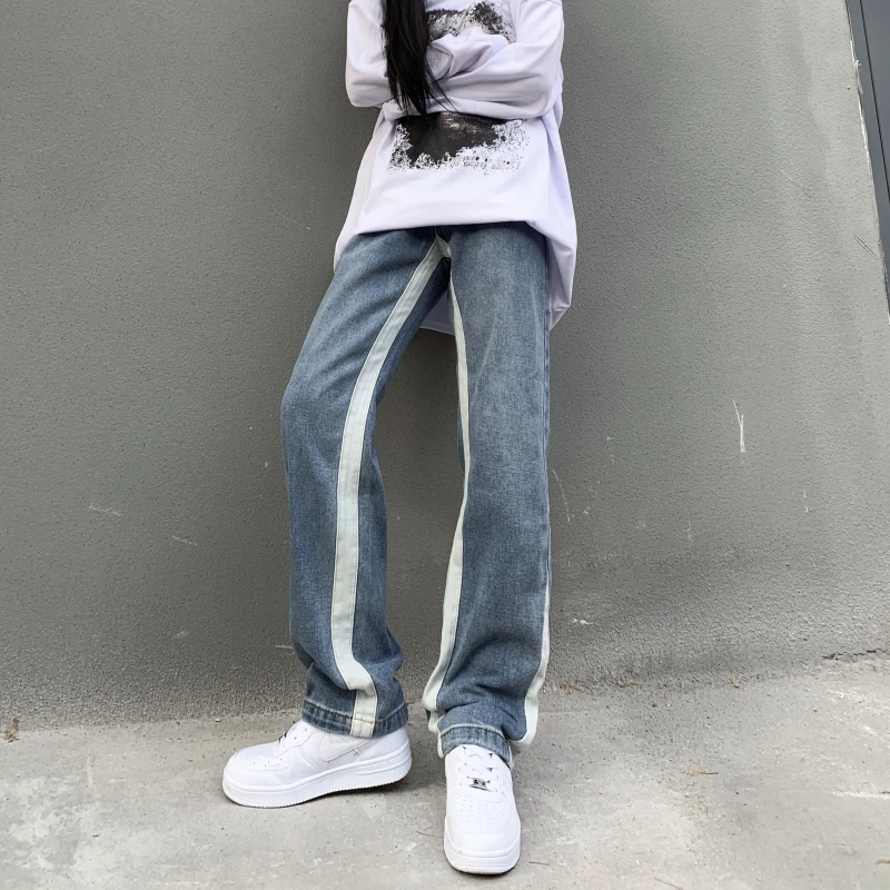 

Splice Contrast Retro Blue Jeans Women Autumn Winter New Simple American Street Style Unisex Denim Trousers Female