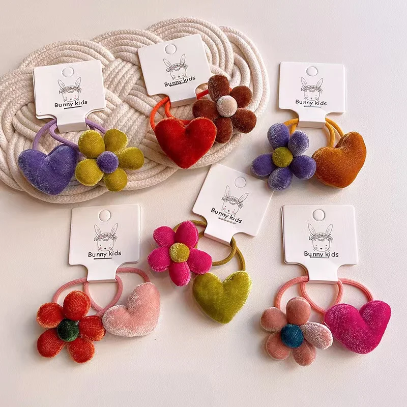 

5Set/Lot Velvet Heart Flower Button Elastic Hair Bands Rubber Hair Rope Tie Girls Hair Scrunchie Ponytail Holder Gum Accessories