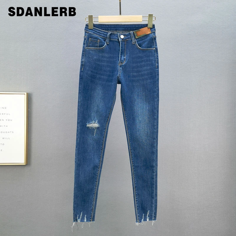 

Dark Blue Denim Skinny Pants Women's 2021 Summer New High Waist Elastic Slim Fit Ripped Jeans Female Cropped Pencil Pants