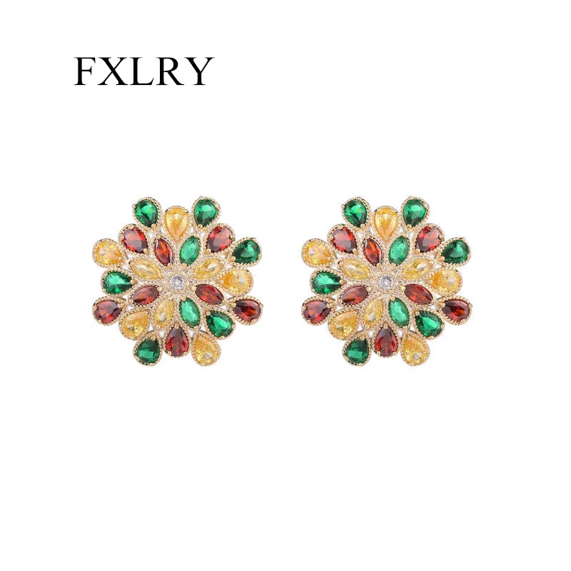 

FXLRY Super Flash Colour Inlay AAA Cubic Zirconia Exaggerated Flower Big Stud Earrings For Women Wedding Jewelry