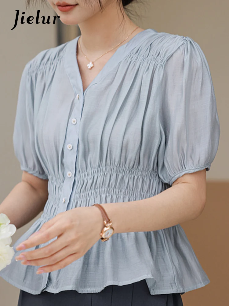 Jielur Рубашка Женская плиссированная с зауженной талией однотонная блуза пышными