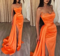 sexy orange mermaid 2022 evening dresses strapless sleeveless satin sequin split prom gowns formal party wear robe de soiree