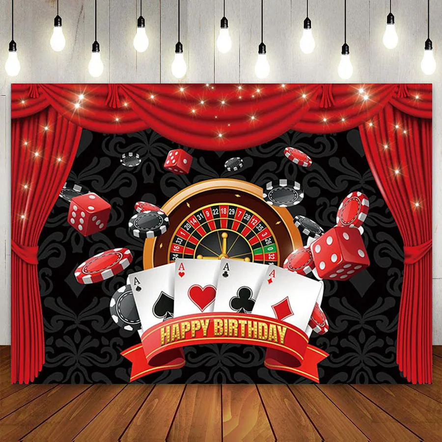 

Las Vegas Casino Birthday Party Backdrop Banner Photo Booth Photography Red Curtain Black Background Poker Dice Gamble Turplate