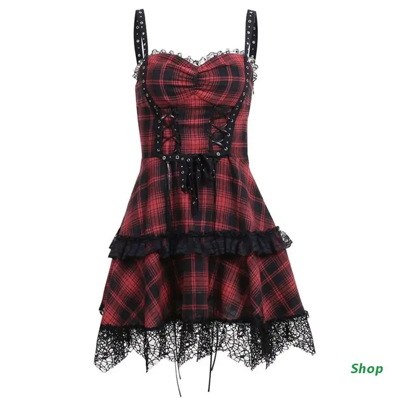 

L5YC Vintage Plaid Bandage Gothic Women A-line Dresses Aesthetic Lace Trim Patchwork