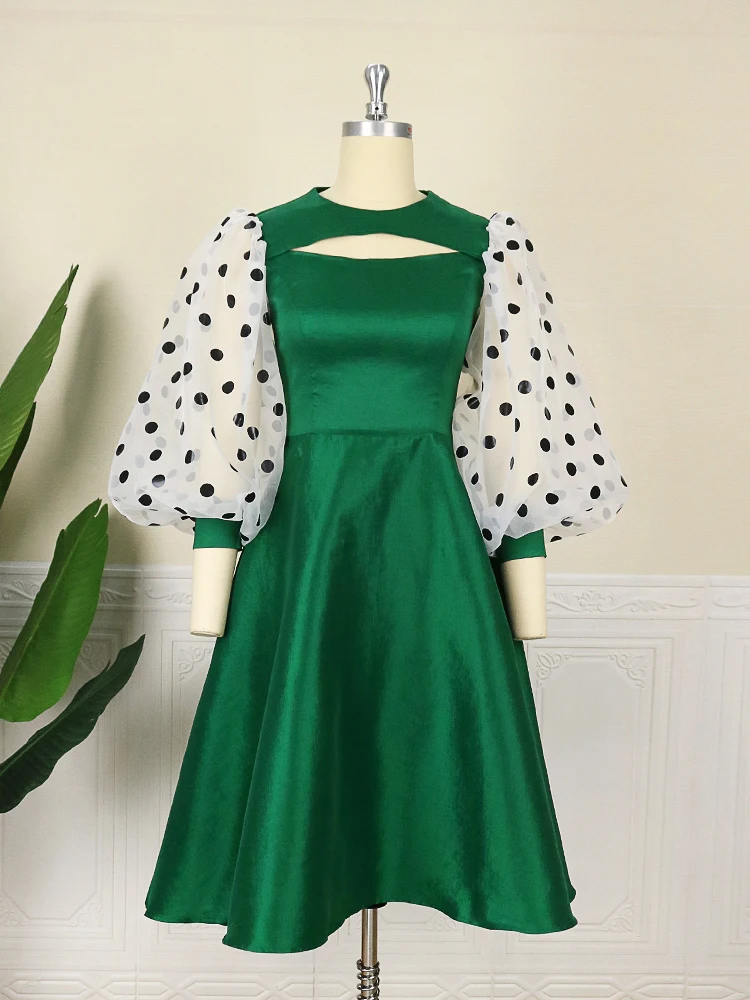 Women Elegant Dress Tulle Dots Patchwork Flared Swing Long Sleeve Skater formal Dress Summer Big Size Outfit Clothing