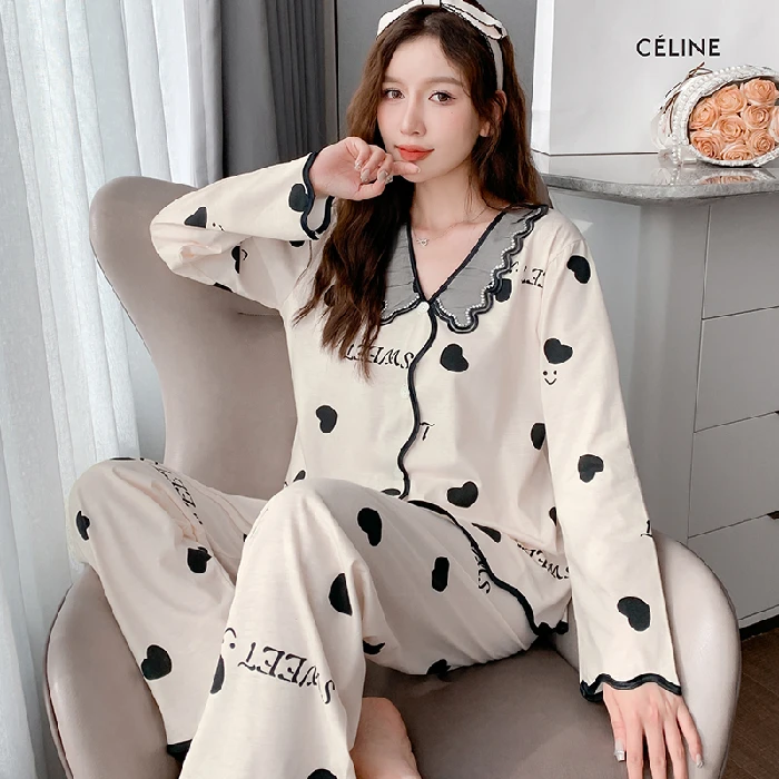 CAIYIER 2022 Winter V-Neck Women Pajamas Set Lovely Girls Simple Nightwear Ladies Loungewear Cartoon Bowknot Print Pijama Mujer