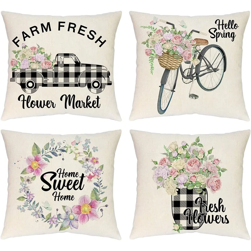

Spring Pillow Covers 18X18 Set Of 4 Outdoor Farmhouse Throw Pillows Spring Decorations Cushion Cases For Home Decor