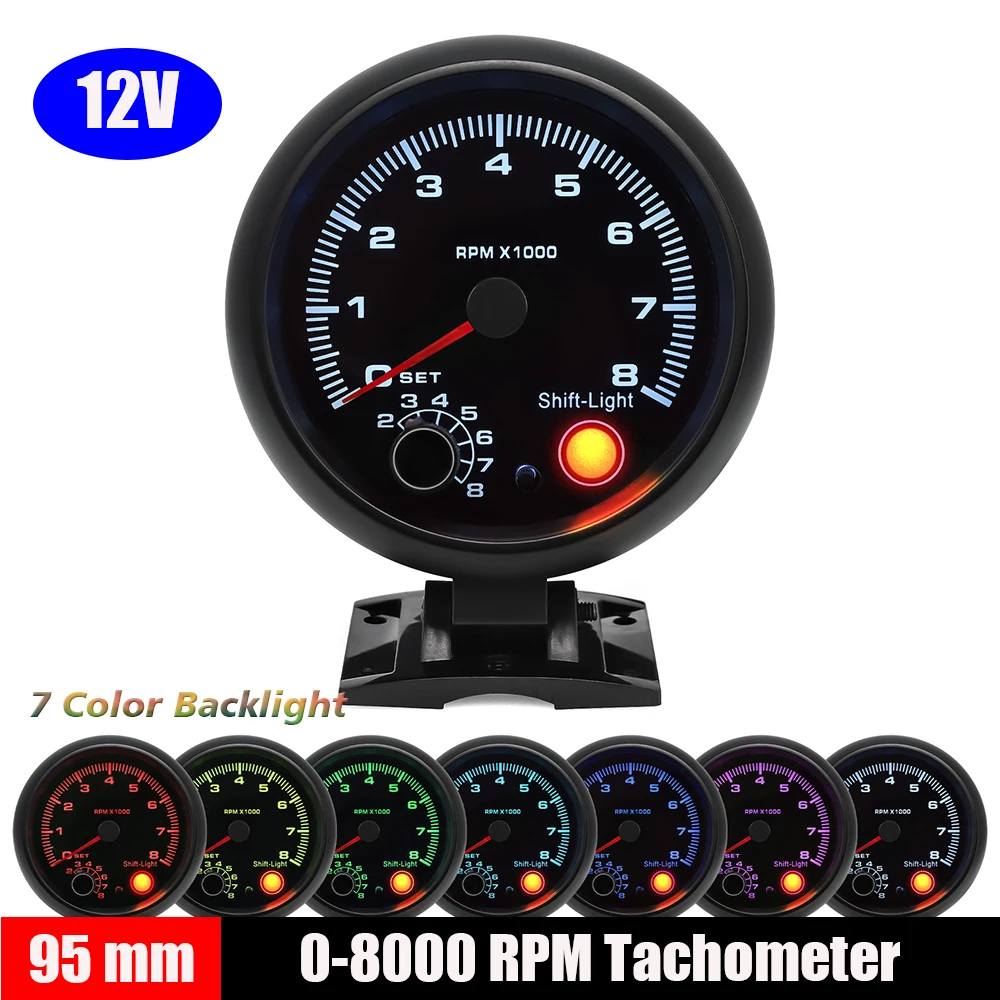 

Тахометр 0-8000 об/мин, 3,75 дюйма, бензиновые двигатели, автомобильный черный тахометр, желтый светильник переключения передач, подходит для 4, 6, 8 цилиндров, 12 В