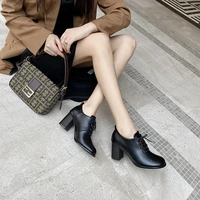 springautumn women pumps lace up ladies office career high heels thick bottom female dress square heels casual leather shoes