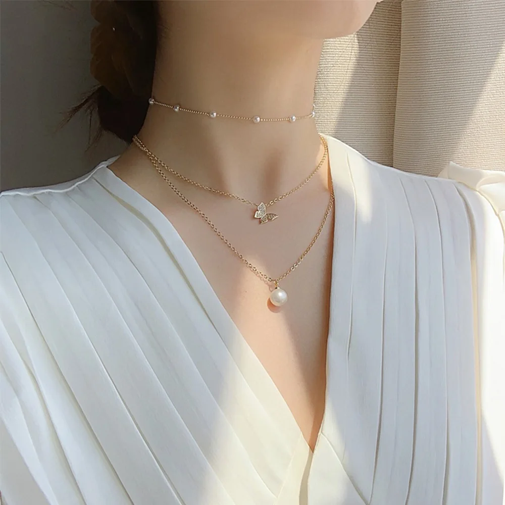 

Women Ladies Short Collares Simple Jewelry Pearl Necklace Butterfly Necklace Choker Clavicle Chain