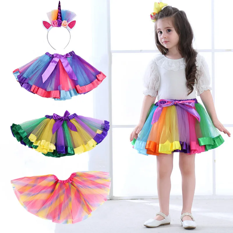 

2-8 Years Old Rainbow Colorful Kids Party Girl Multicolor Fluffy Tulle Children's Skirt