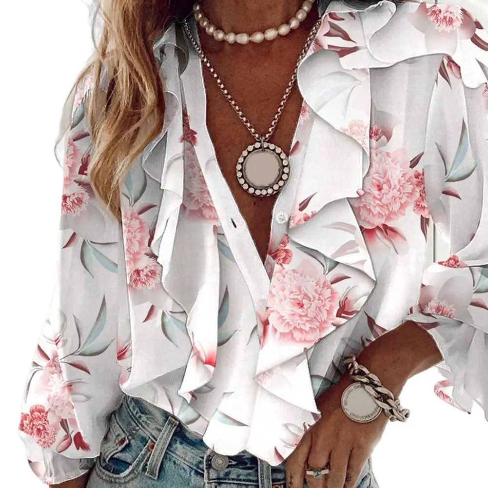 

Shrink Resistant Chic Ruffle Collar Edge Flower Print Sweet Shirt Sweat Absorbing Chiffon Shirt V-Neck Female Clothes