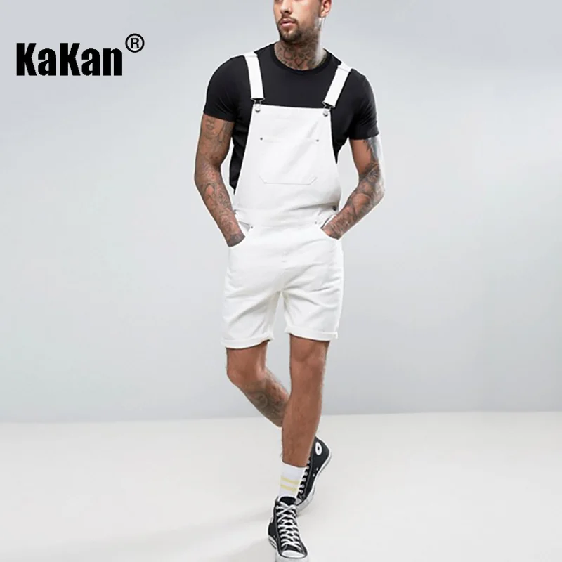 Kakan - New Street Trendy Men's Strap Short Jeans From Europe and America, White Straight Strap One Piece Jeans K34-211