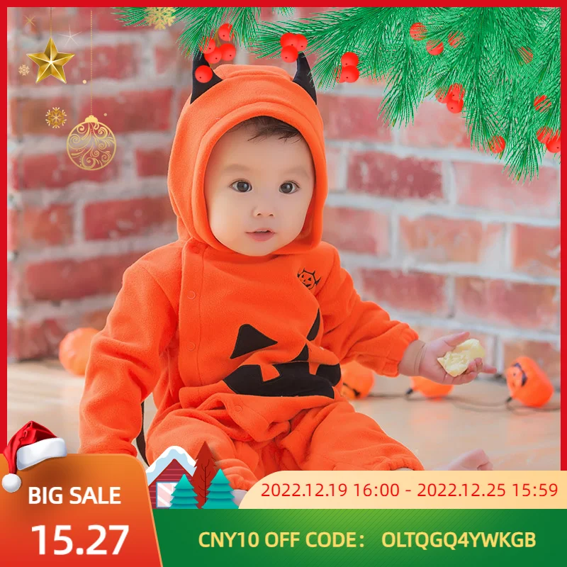 2022 New Baby Halloween Pumpkin Monster Hooded Jumpsuits Soft Fleece Fantasy Halloween Costume for Kids Autumn Children Clothing