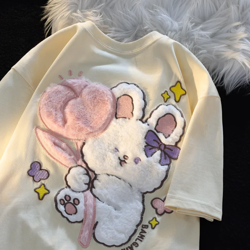 

Japanese Cute Cartoon Rabbit Embroidered Short-sleeved T-shirt for Women Summer Loose and Versatile College Style Top Ins 2023