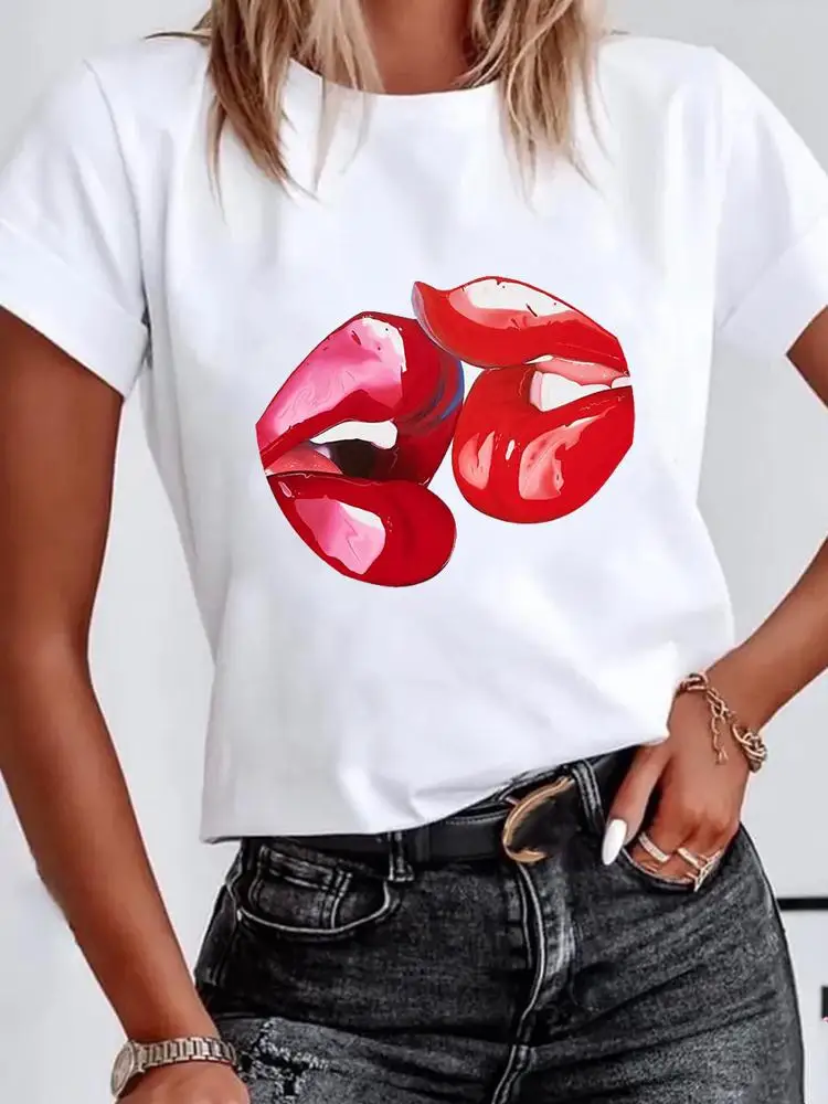 

Graphic T-shirt Print T Shirt Fashion Women Summer Clothing Watercolor Lip Trend Short Sleeve Clothes Kawaii Basic Tee Top